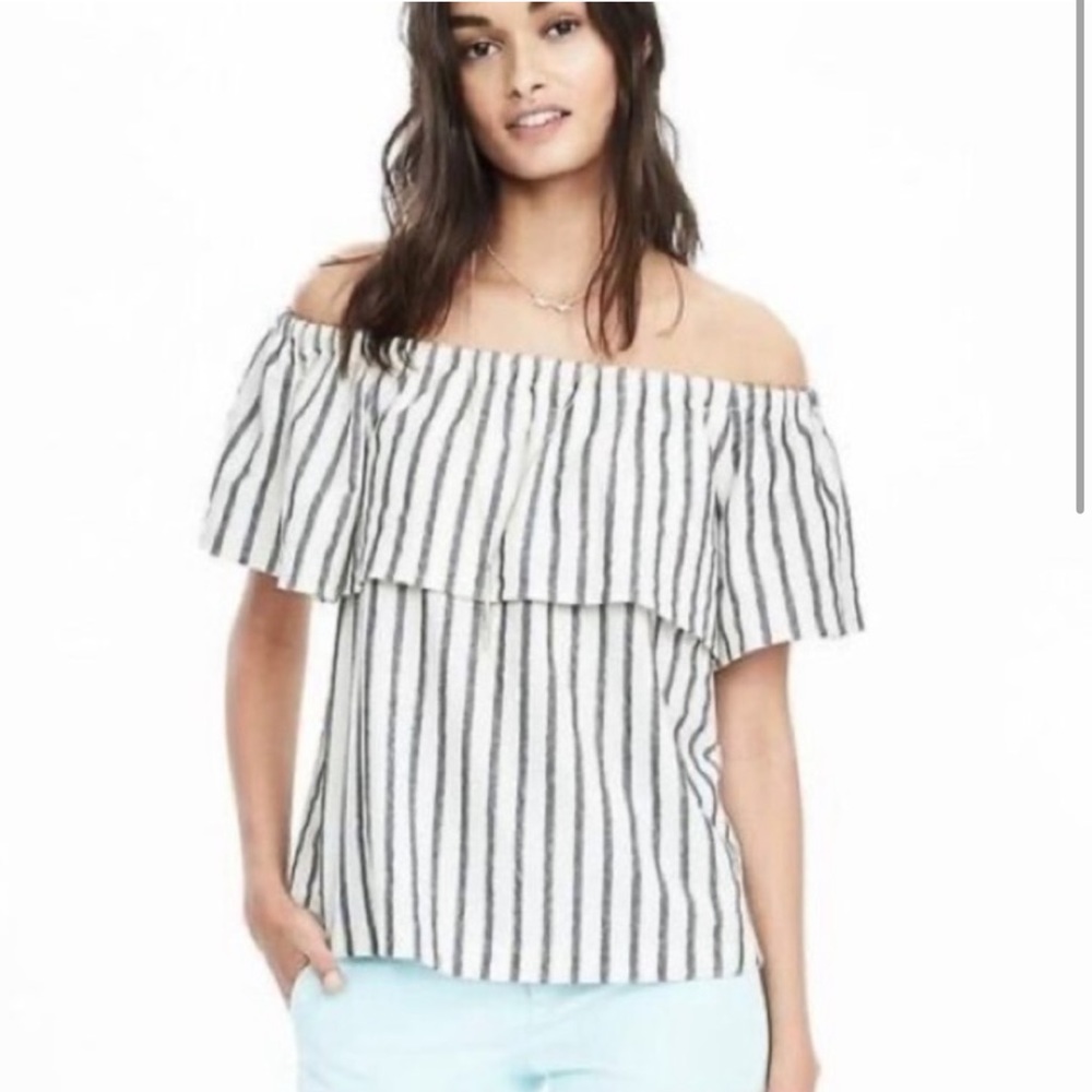 Banana Republic Striped Blue and White Ruffle Off the Shoulder Top